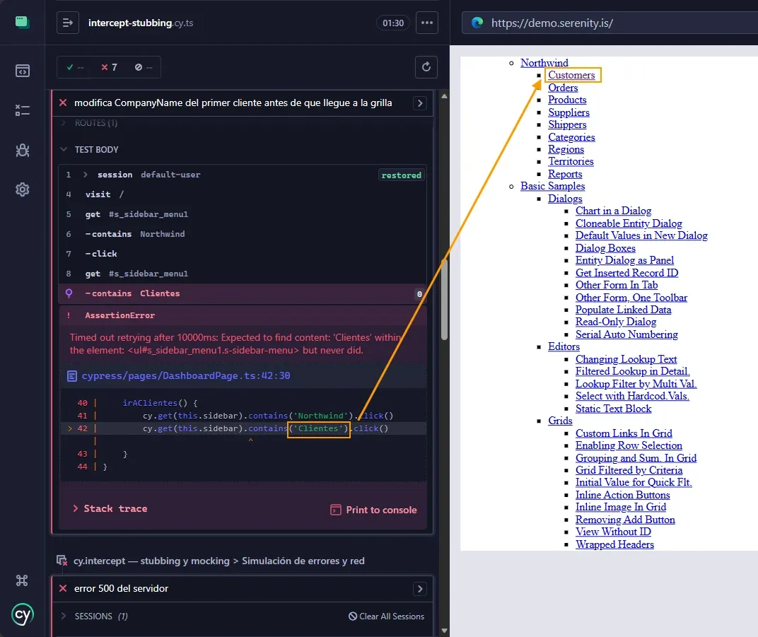Cypress runner session restored sidebar Customers resaltado con flechas naranjas AssertionError contains Clientes DashboardPage línea 42