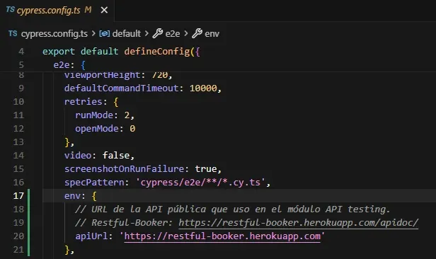 cypress.config.ts con el bloque env definiendo apiUrl con la URL de Restful-Booker
