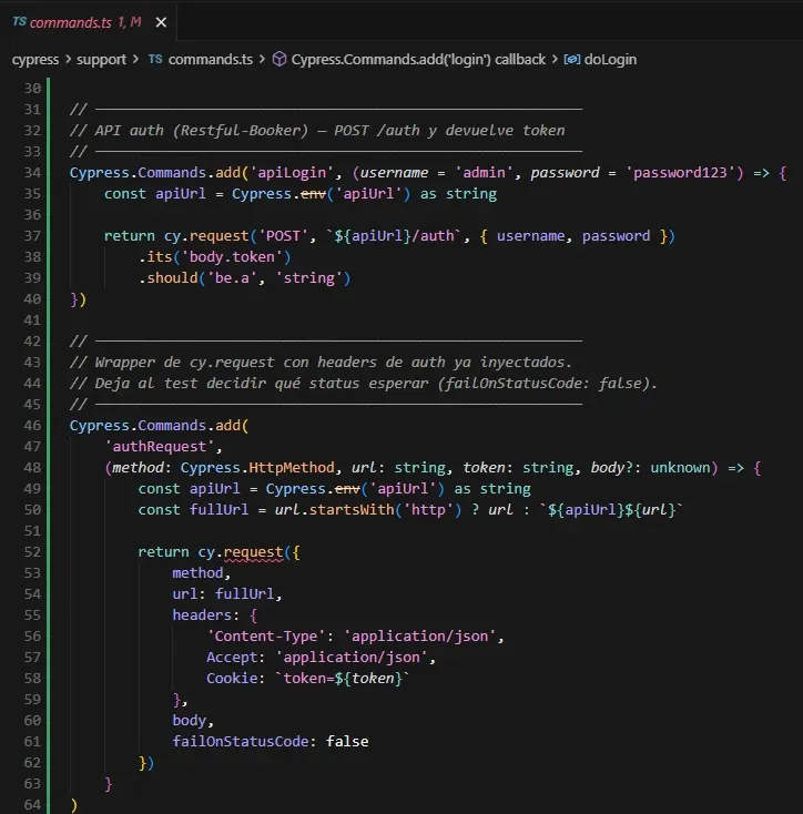 Definición en TypeScript de los custom commands apiLogin y authRequest en cypress/support/commands.ts