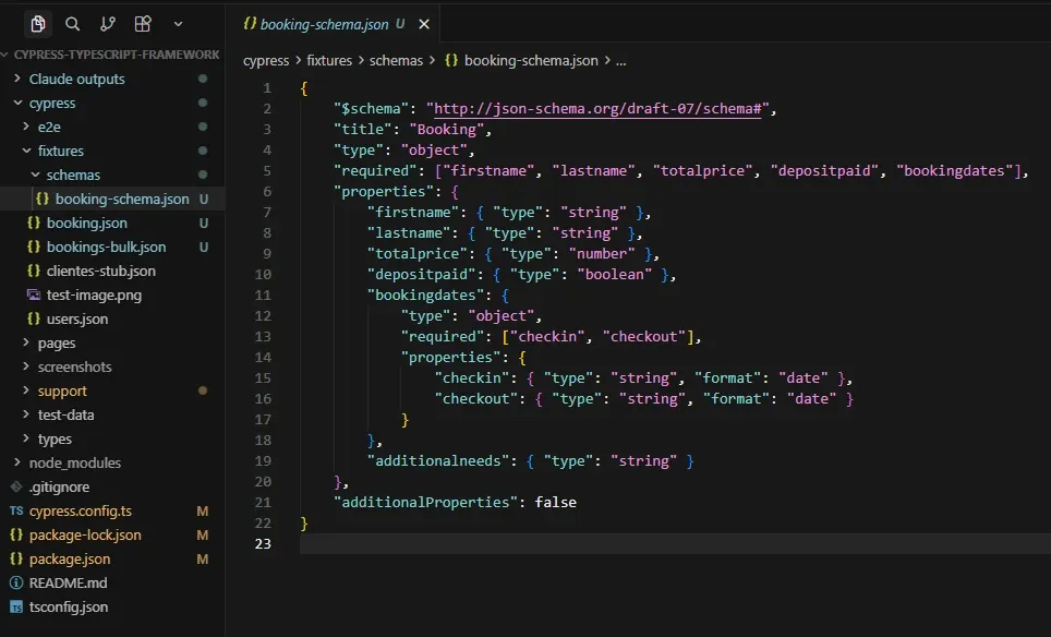 booking-schema.json en cypress/fixtures/schemas/ con el JSON Schema Draft 07 del booking: required, properties, additionalProperties false