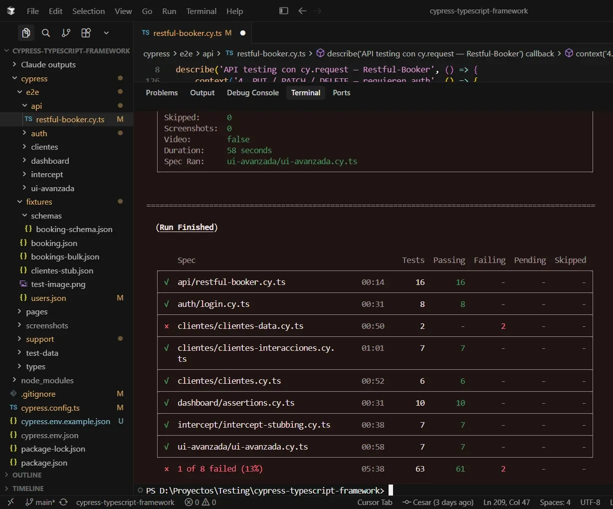 VS Code con el árbol de archivos mostrando cypress.env.json, cypress.env.example.json y cypress.config.ts modificado, y el resumen de Cypress: 61 de 63 tests en verde.