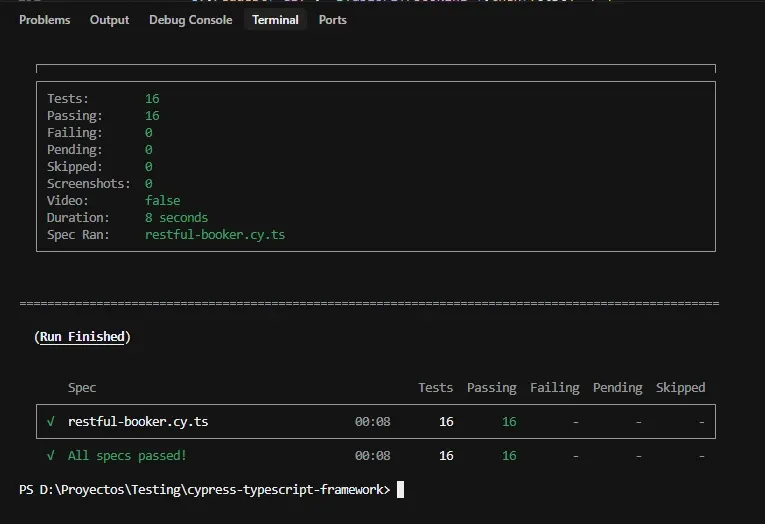 Terminal de PowerShell con el resumen de npm run cy:run:api: 16 tests, 16 passing, 0 failing, 8 segundos, All specs passed