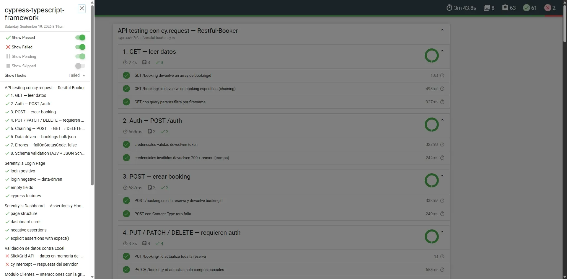 Reporte de Mochawesome con panel lateral de filtros (Show Passed/Failed), navegación por specs y la suite de API testing con sus tests en verde y sus tiempos.