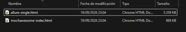 Explorador de Windows con dos HTML autocontenidos: allure-single.html (5.359 KB) y mochawesome-index.html (869 KB), ambos del 19/09/2026.