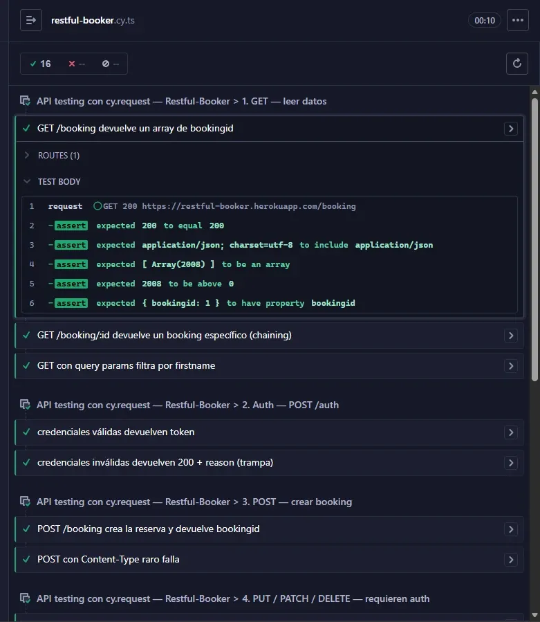 Cypress runner con 16 tests verdes y el primer test 'GET /booking devuelve un array de bookingid' expandido mostrando los 6 asserts pasados