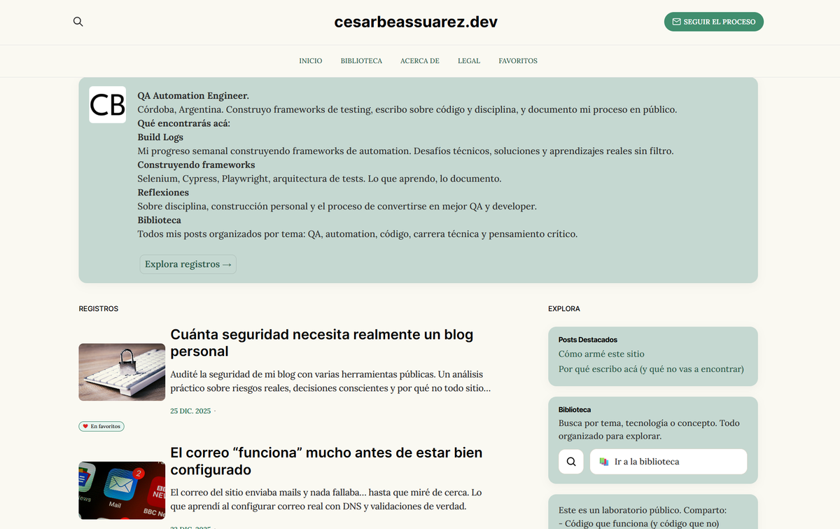 Vista general del sitio cesarbeassuarez.dev una vez publicado