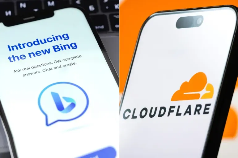 Dos smartphones mostrando logos de Bing y Cloudflare representando el conflicto de indexación entre el buscador y el CDN