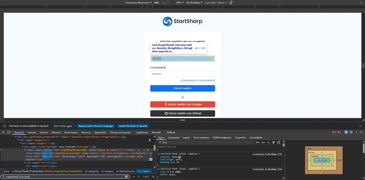 Captura de pantalla mostrando Chrome DevTools inspeccionando el formulario de login de Serenity Demo, con el panel de elementos HTML visible
