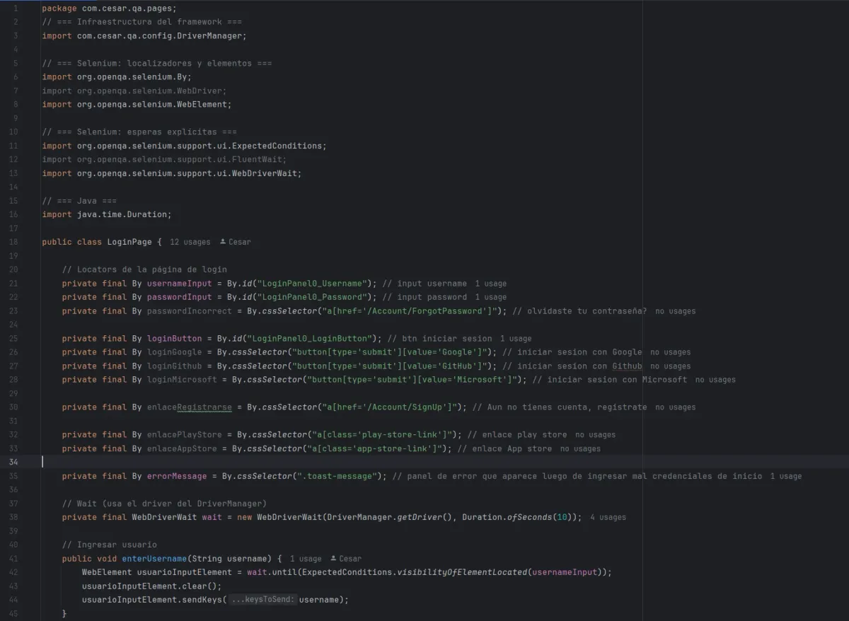Código Java del LoginPage usando Page Object Model, con imports separados por responsabilidad, locators privados final y WebDriverWait centralizado.