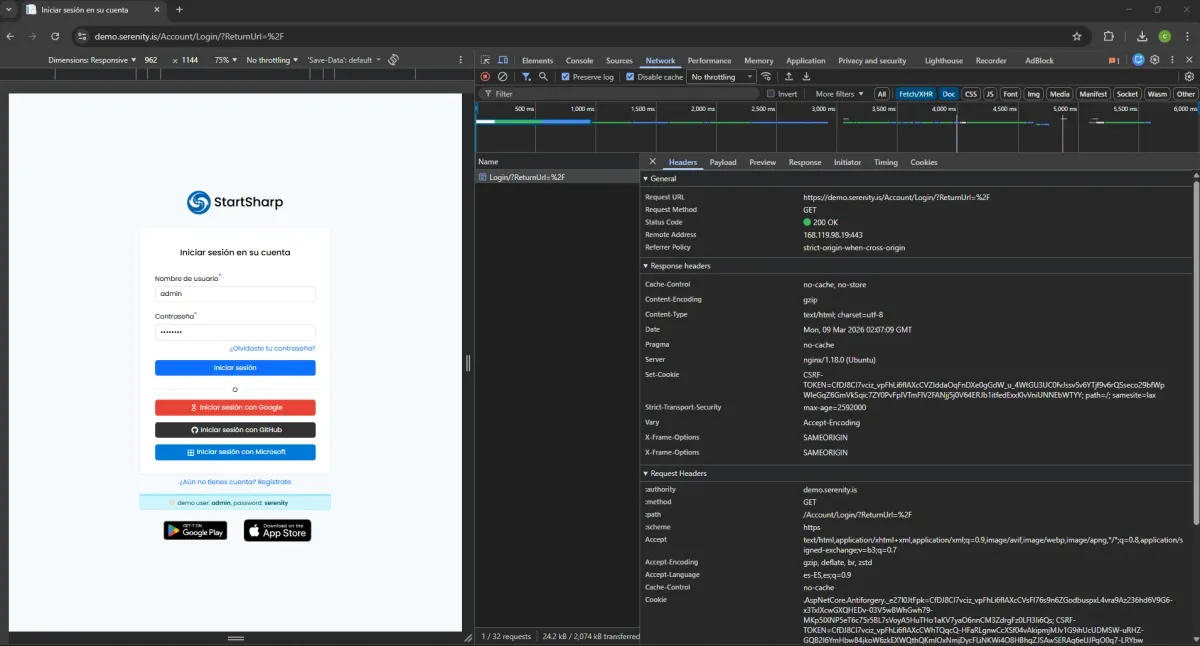 Chrome DevTools Network tab showing GET request headers for the Serenity login page with status 200 OK