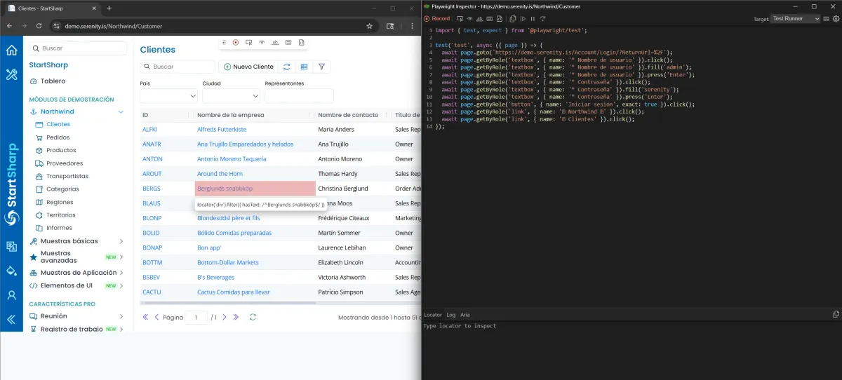 Codegen de Playwright mostrando Pick Locator sobre fila de grilla de Clientes en demo.serenity.is con locator filter hasText Berglunds snabbköp