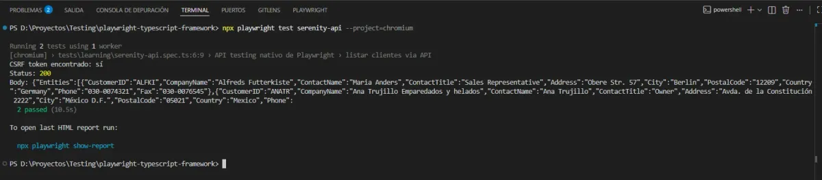 Terminal mostrando CSRF token encontrado sí, Status 200, Body con JSON Entities CustomerID ALFKI CompanyName Alfreds Futterkiste, 2 passed 10.5s