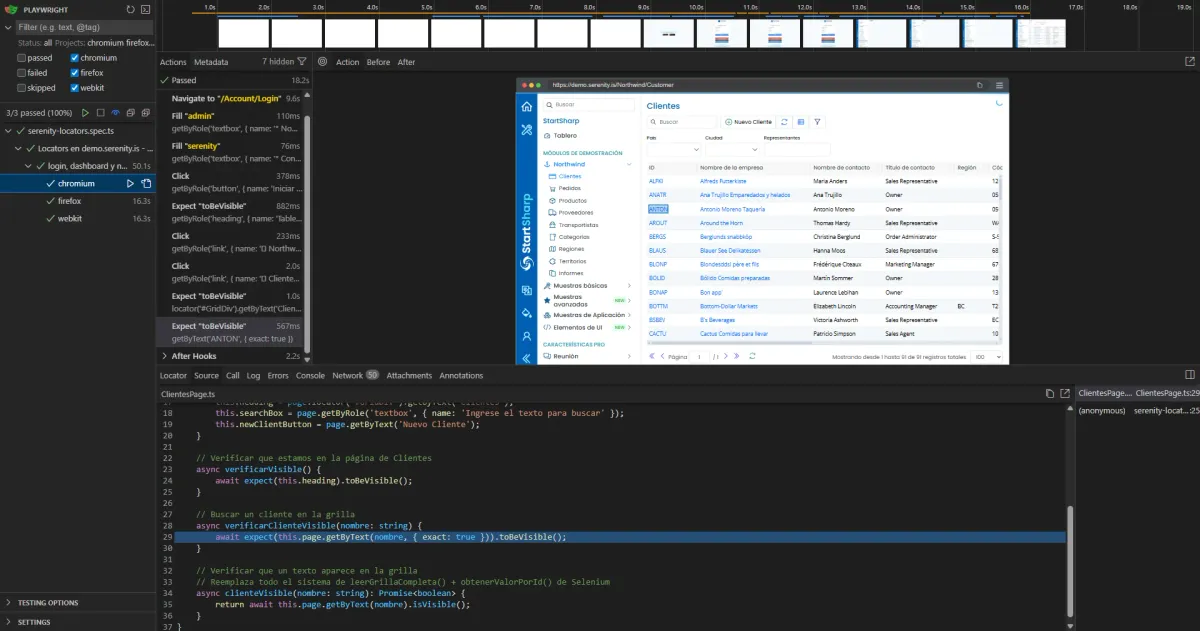 UI Mode de Playwright mostrando 3 de 3 tests passed en Chromium Firefox y WebKit con página de Clientes y código de ClientesPage.ts