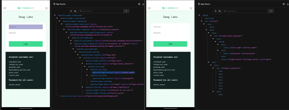 Comparación lado a lado en Appium Inspector entre contexto NATIVE_APP con android.widget.EditText y contexto WEBVIEW con input id user-name sobre saucedemo.com