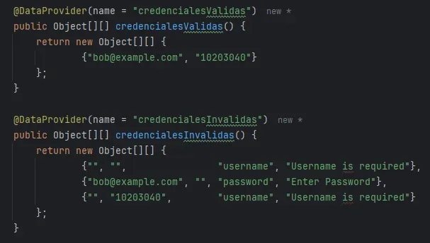 DataProviders credencialesValidas y credencialesInvalidas en LoginTest con username, password, campoError y mensaje esperado