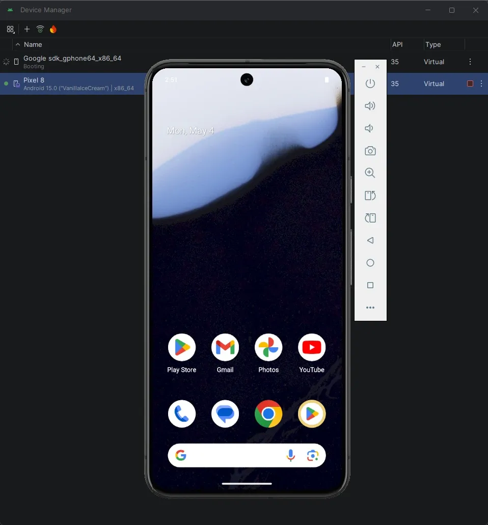 Emulador Android Pixel 8 con Android 15 corriendo mostrando home screen con apps de Google y fecha Mon May 4