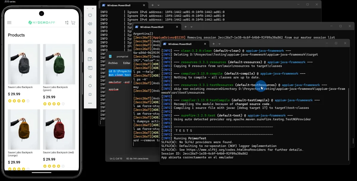 Emulador con Sauce Labs My Demo App Products y tres terminales PowerShell mostrando emulador Appium Server y BUILD SUCCESS