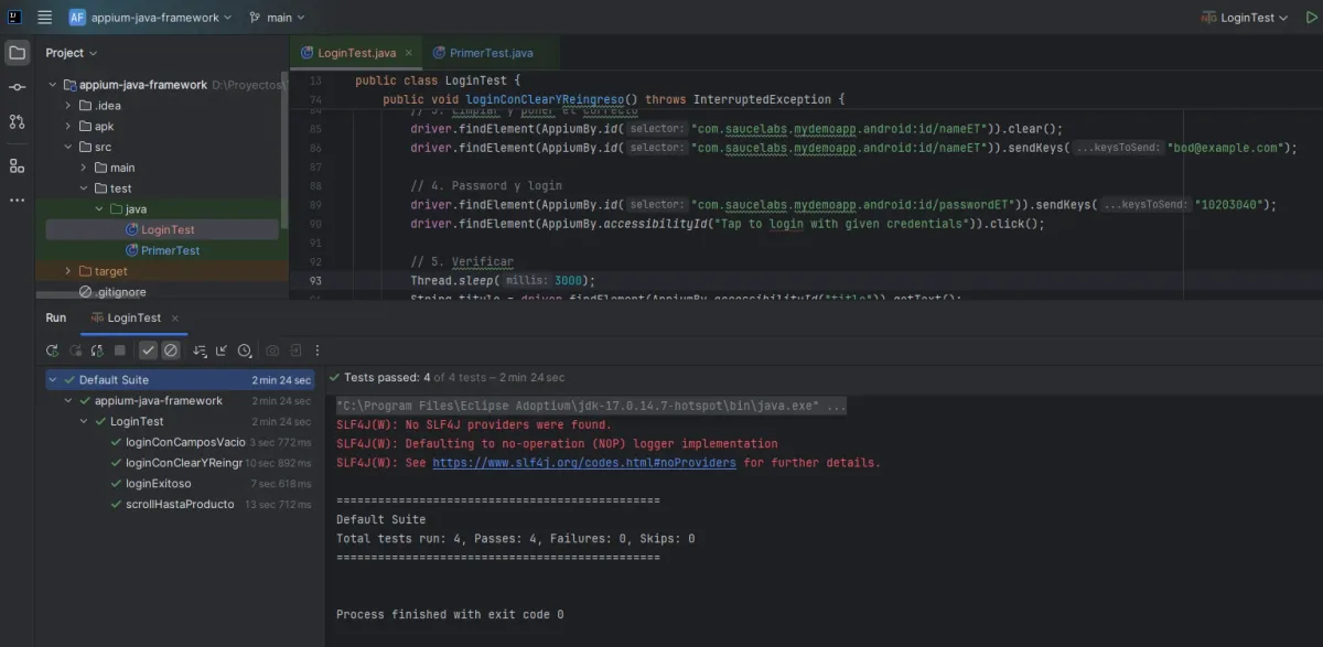 Cuatro tests de LoginTest pasando en verde en IntelliJ con Appium contra Motorola G51 en 2 minutos 24 segundos 