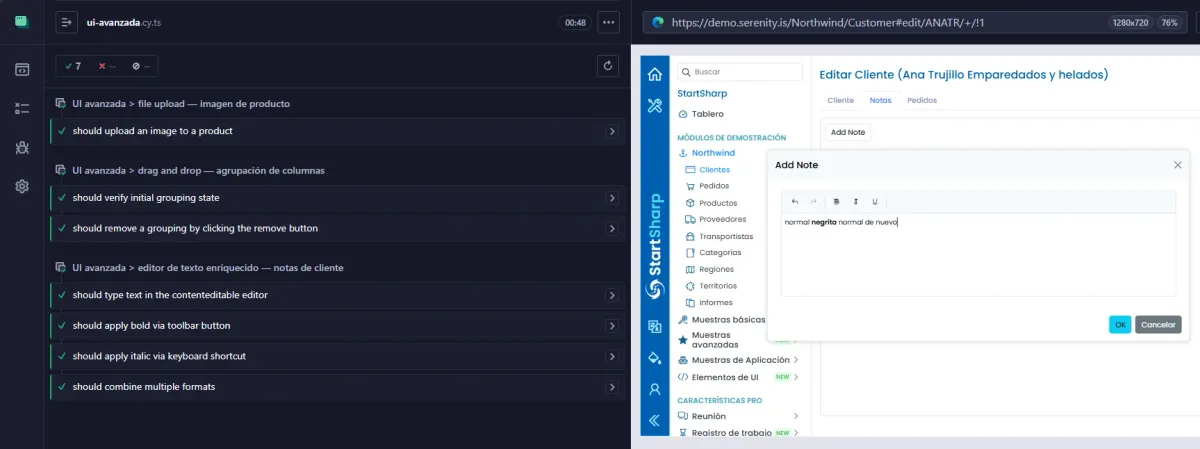Cypress runner 7 tests verdes ui-avanzada file upload drag and drop editor texto enriquecido normal negrita normal de nuevo ProseMirror contenteditable