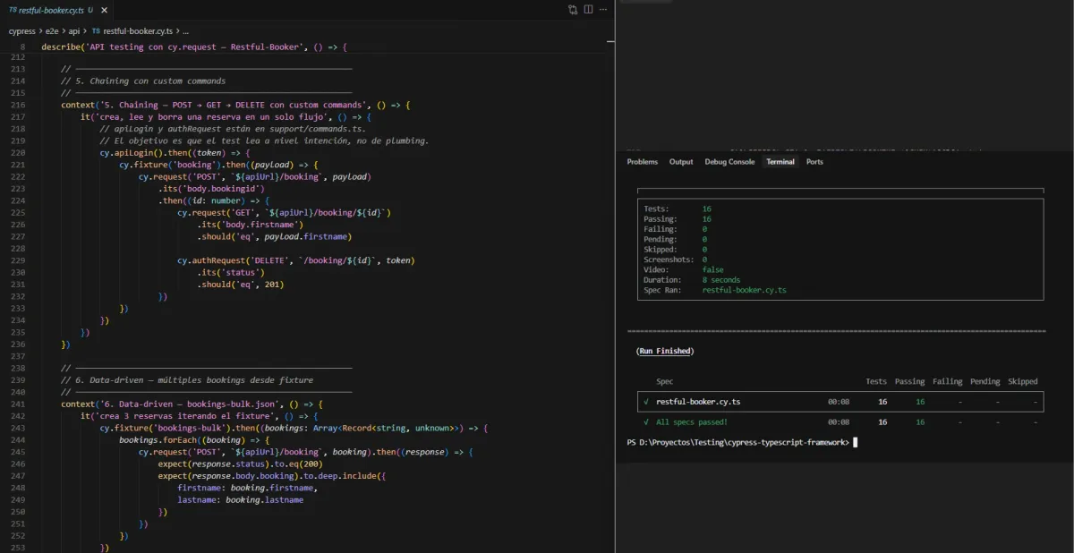 VSCode con el bloque de chaining en restful-booker.cy.ts y la terminal a la derecha mostrando 16 tests passing en 8 segundos contra Restful-Booker