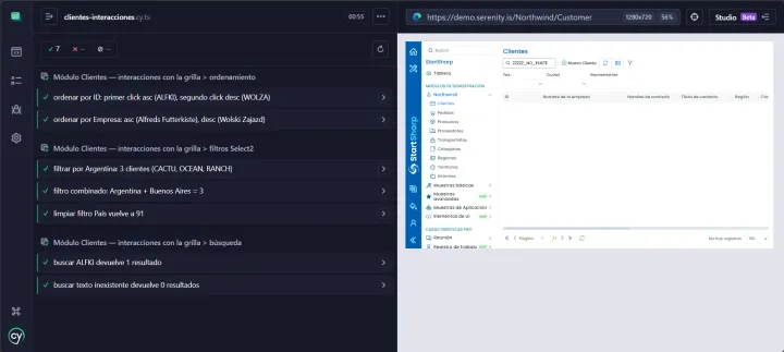 Cypress: interacciones con la grilla — ordenamiento, filtros Select2 y búsqueda