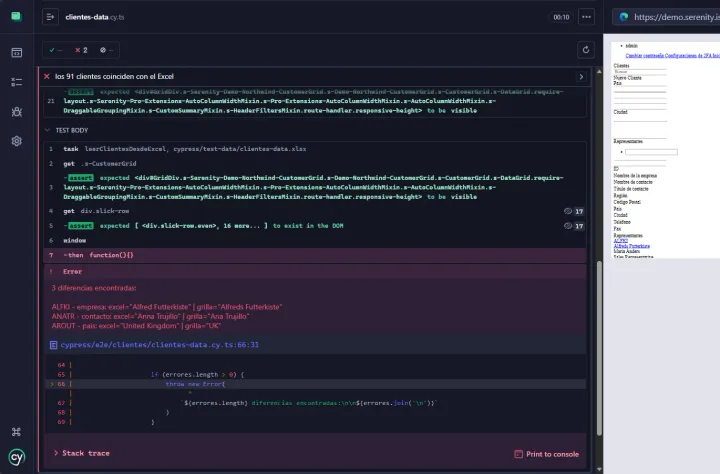 Cypress: validación de grilla contra Excel — cy.task, SlickGrid API y cy.intercept